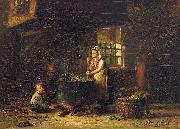 Hendrik Valkenburg An old kitchen with a mother and two children at the cauldron painting